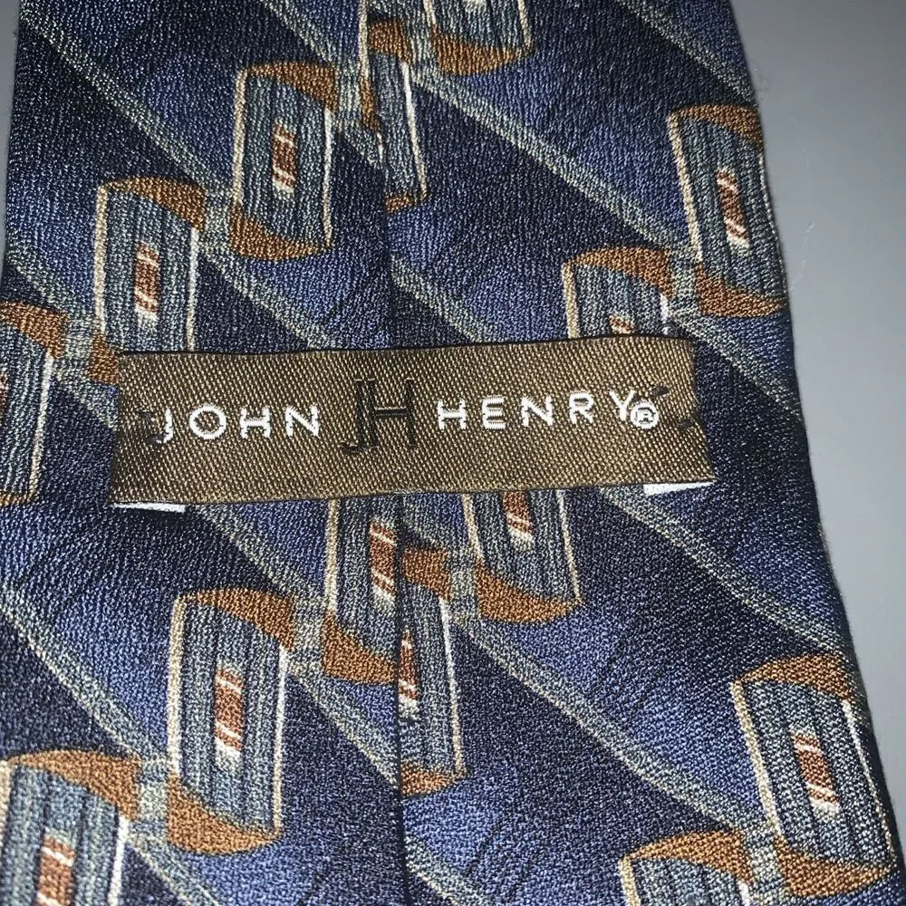 Retro JOHN HENRY Silk Tie Necktie Mens‎ Blue/Green Geometric Italy/USA 4